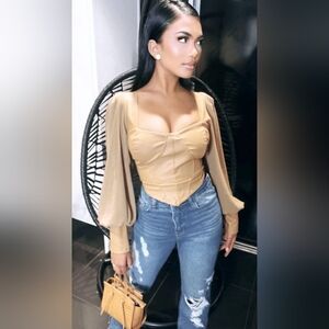 Nude Faux Leather Corset Top Puff Sheer Sleeve